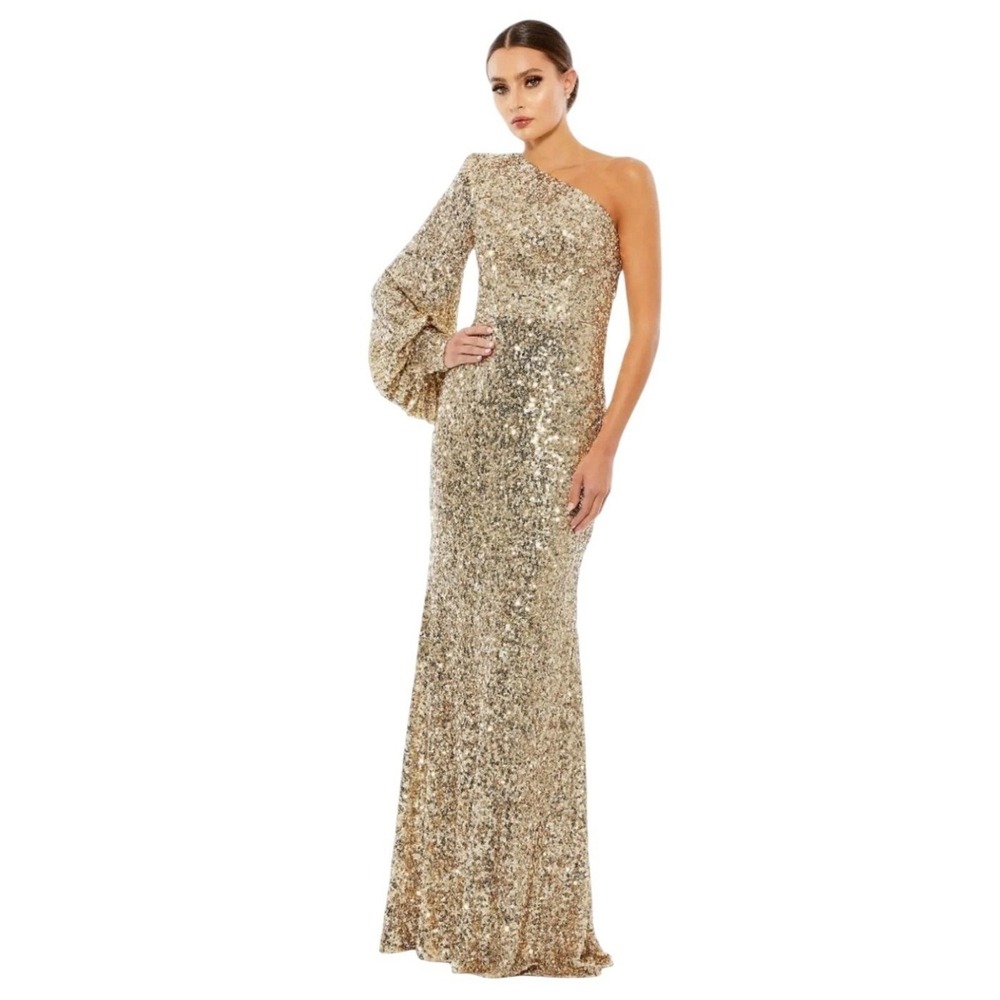 Mac Duggal 26717 Gold Sequin One Shoulder Bishop Sleeve Trumpet Dress Size 14